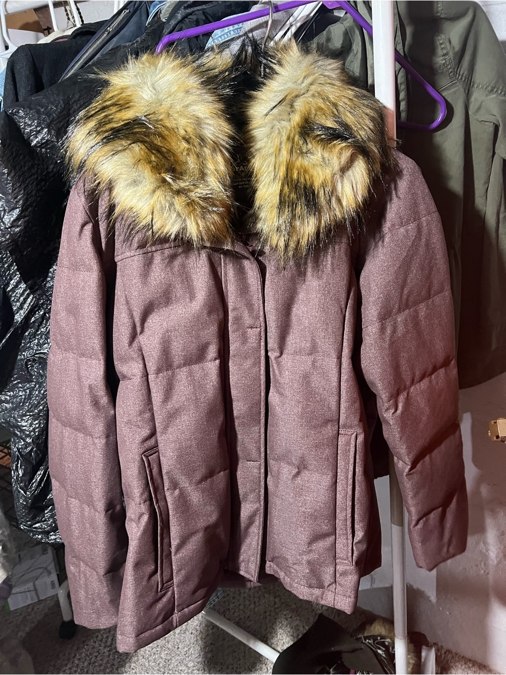 Prana Mauve-Brown Quilted Puffer Jacket with Faux Fur Trim